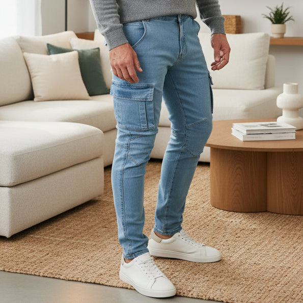 Men's Slim Fit Cargo Jeans in blue denim, featuring practical utility pockets, ideal for casual and street style wear.