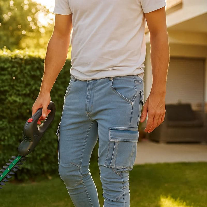Stylish man wearing slim fit blue denim cargo jeans with functional pockets, perfect for casual everyday comfort.