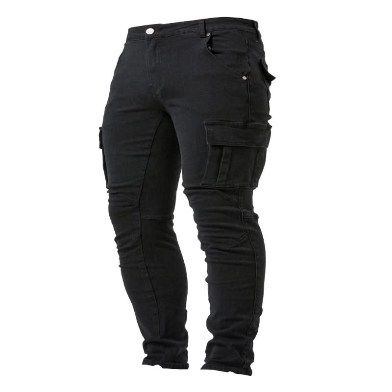 Side view of men's slim fit cargo jeans, highlighting modern cut and practical pocket placement for street style.