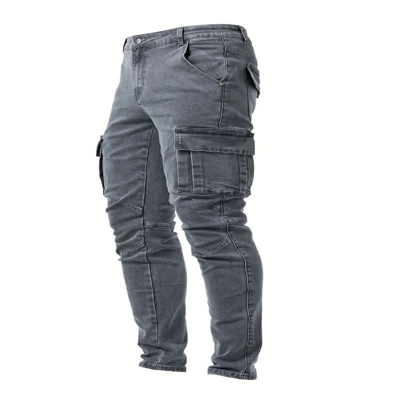 Back view of men's slim fit cargo jeans, showing well-placed back pockets and flattering modern fit.