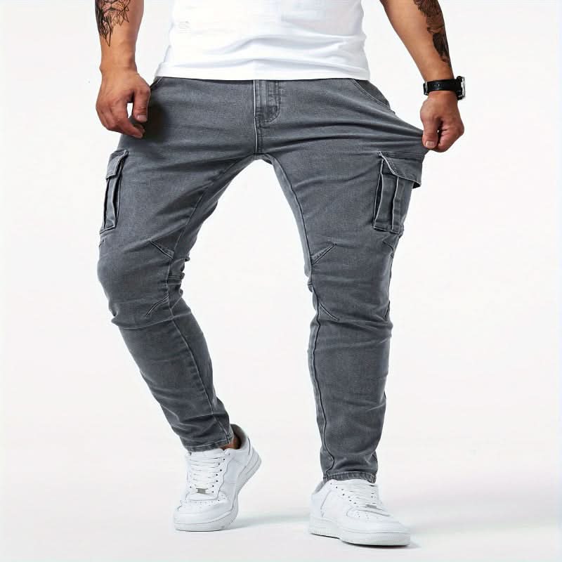 Men's slim fit cargo jeans paired with a casual t-shirt, demonstrating versatile everyday comfort and street style.