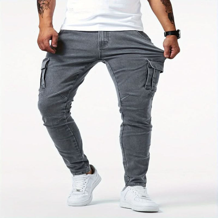 Men's slim fit cargo jeans paired with a casual t-shirt, demonstrating versatile everyday comfort and street style.