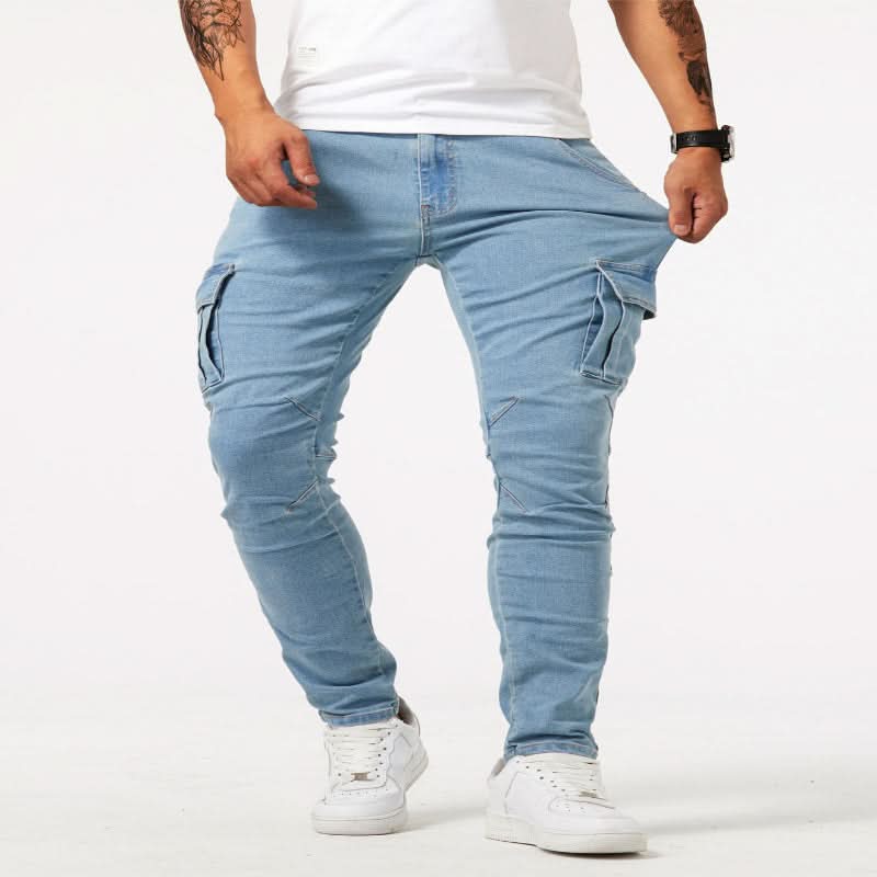 Man walking in comfortable slim fit cargo jeans, showcasing mobility and practical pockets for active casual wear.