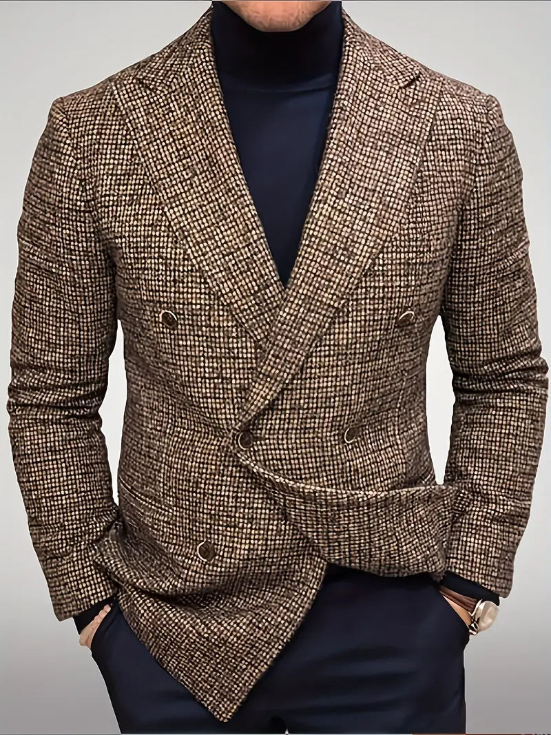 Men's slim fit check double-breasted blazer for sophisticated smart casual or business attire.