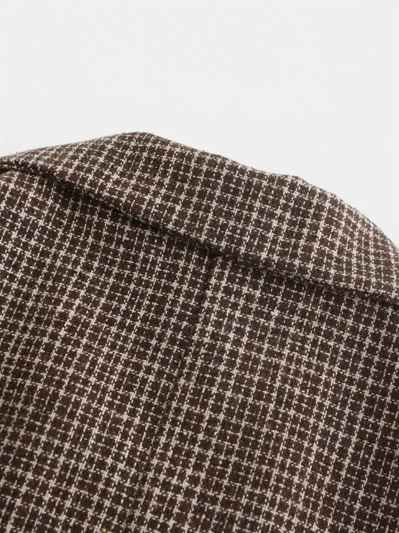 Stylish men's check double-breasted blazer, perfect formal jacket for autumn fashion & spring style.