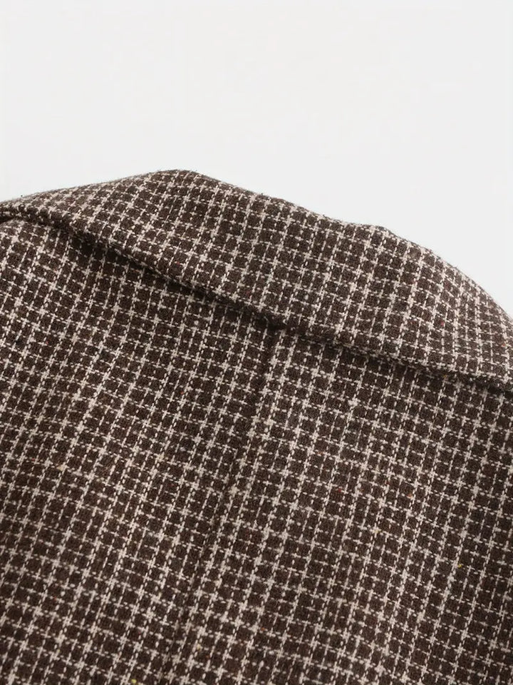 Stylish men's check double-breasted blazer, perfect formal jacket for autumn fashion & spring style.