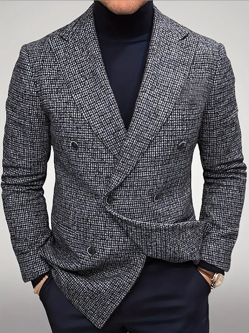 Elegant men's slim fit check blazer, double-breasted design for a refined smart casual or formal look.