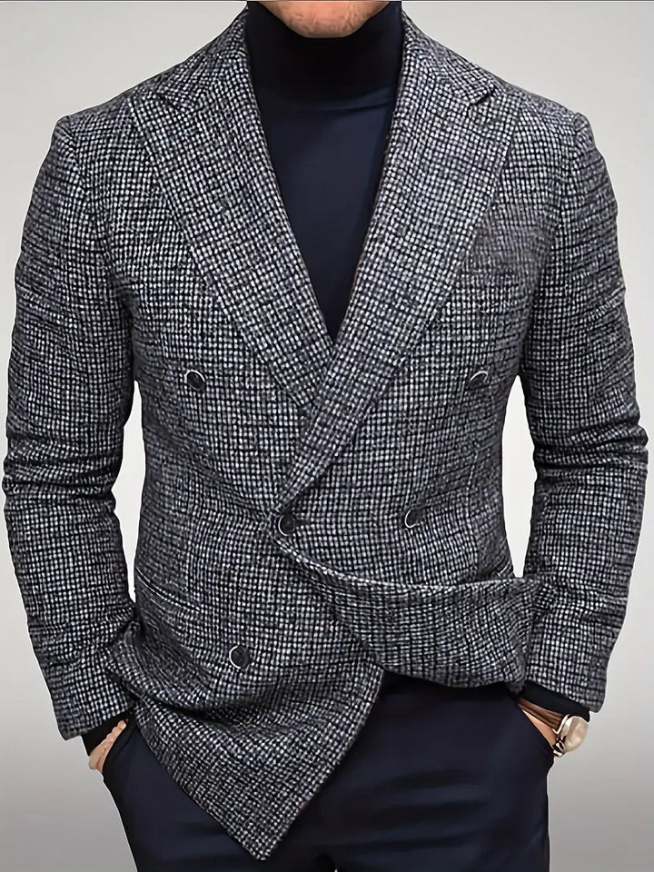 Elegant men's slim fit check blazer, double-breasted design for a refined smart casual or formal look.