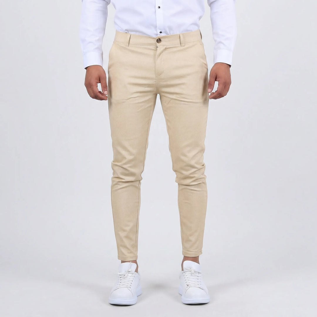 Navy blue men's slim fit chino pants, combining a smart casual aesthetic with ultimate comfort.