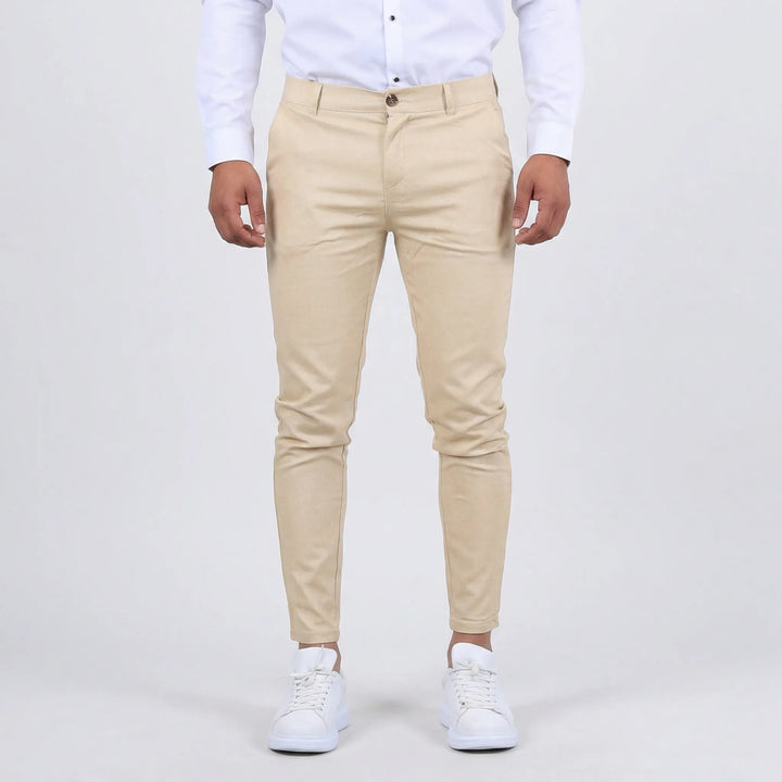 Navy blue men's slim fit chino pants, combining a smart casual aesthetic with ultimate comfort.