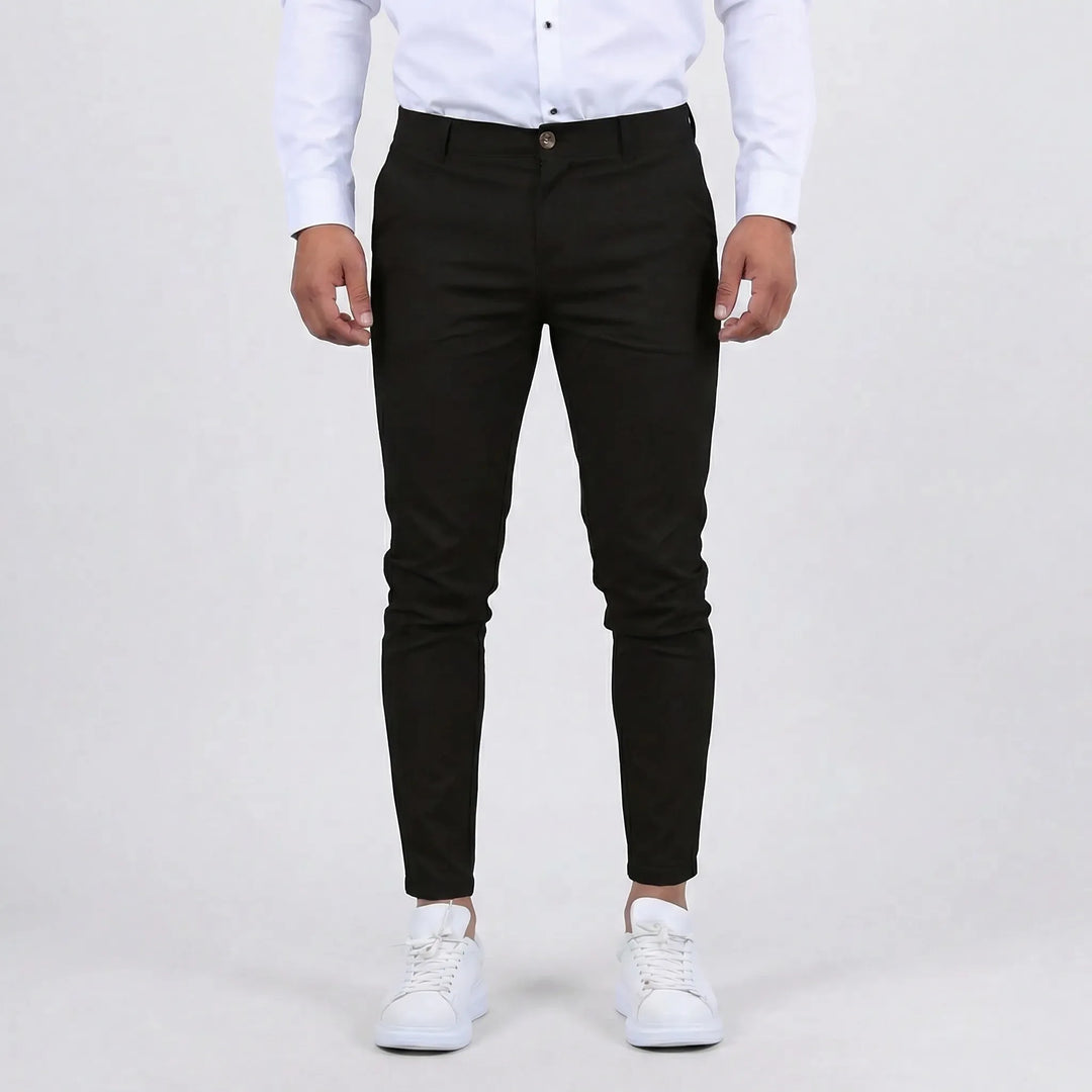 Close-up of comfortable fabric texture on men's slim fit chino pants, great for daily wear.