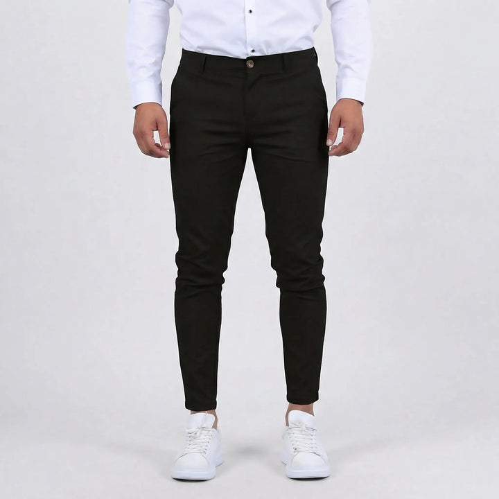 Close-up of comfortable fabric texture on men's slim fit chino pants, great for daily wear.