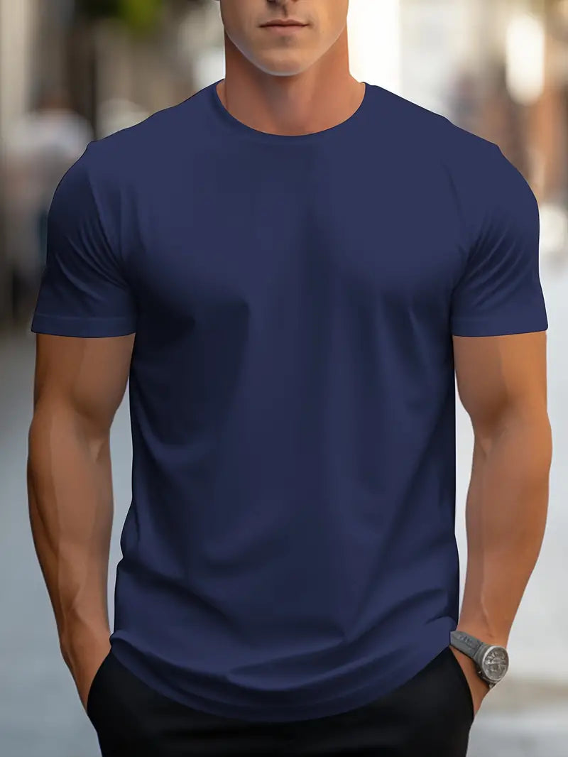 Versatile men's short sleeve crew neck tee, perfect for layering or modern everyday style.