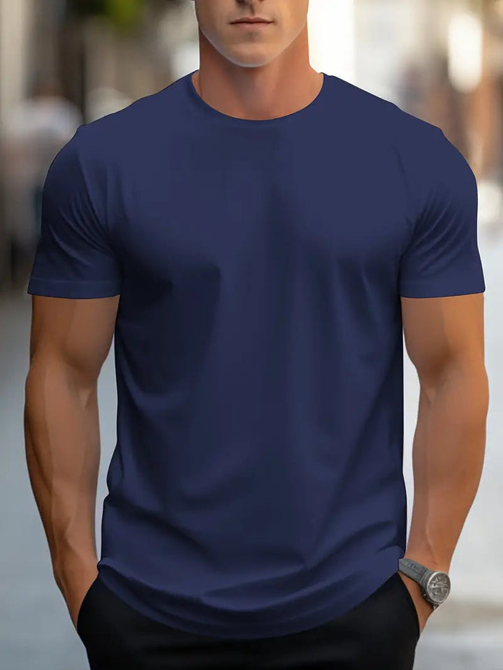 Versatile men's short sleeve crew neck tee, perfect for layering or modern everyday style.