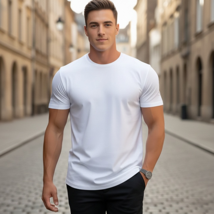 Comfortable men's crew neck t-shirt, a slim fit short sleeve for summer essential.