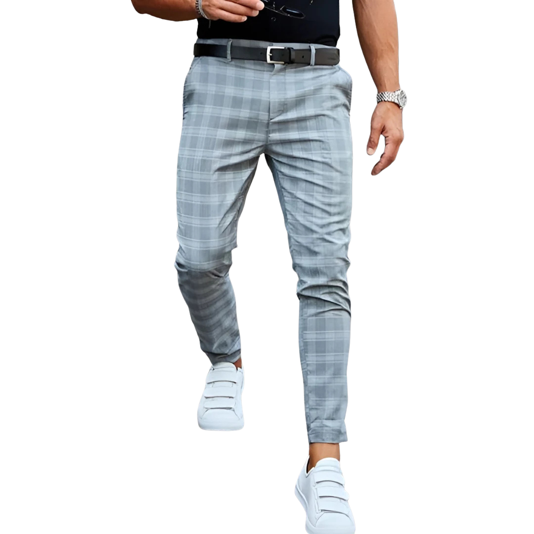 Slim fit men's checked trousers with a modern cropped, tapered leg. Versatile men's fashion.
