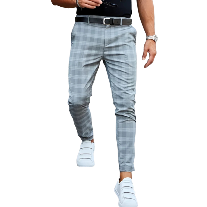 Slim fit men's checked trousers with a modern cropped, tapered leg. Versatile men's fashion.