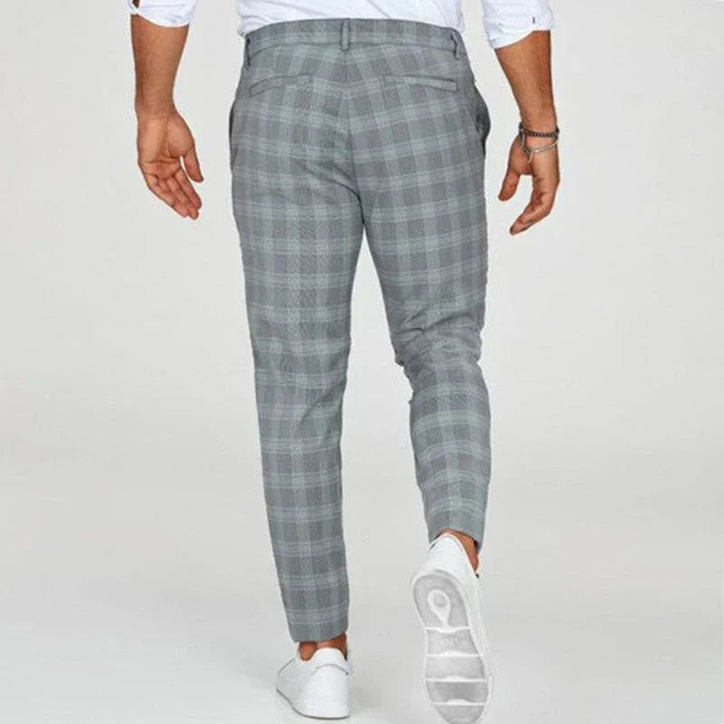 Versatile men's cropped checked pants, slim fit for smart casual, office, or everyday style.
