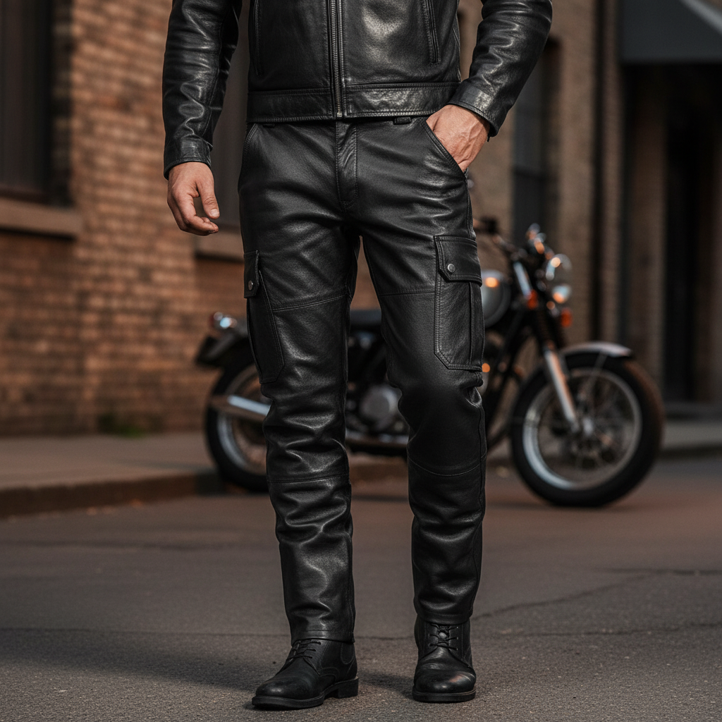 Men's slim-fit Daryl biker leather trousers, perfect for urban rock style fashion. Stylish & comfortable men's pants.