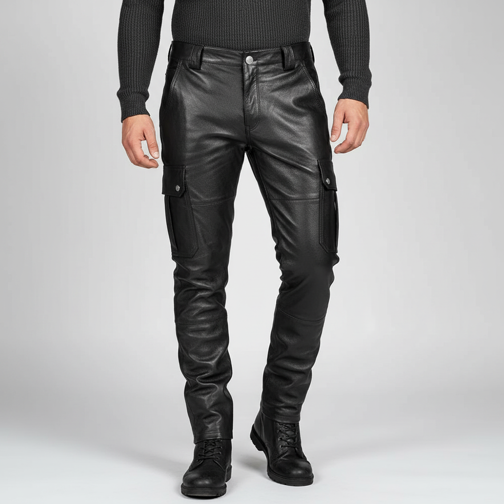 Sleek men's motorcycle leather trousers, Daryl model, offering a slim fit for a modern urban biker look.