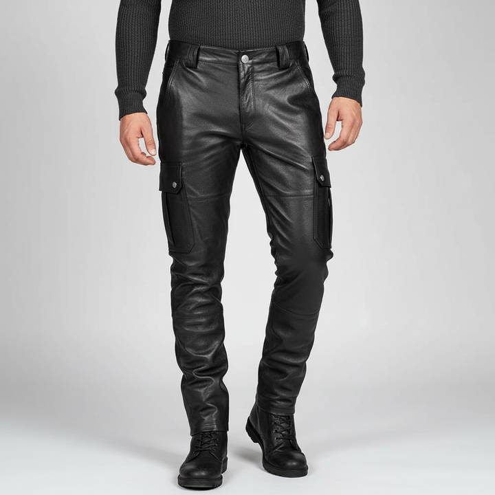 Sleek men's motorcycle leather trousers, Daryl model, offering a slim fit for a modern urban biker look.