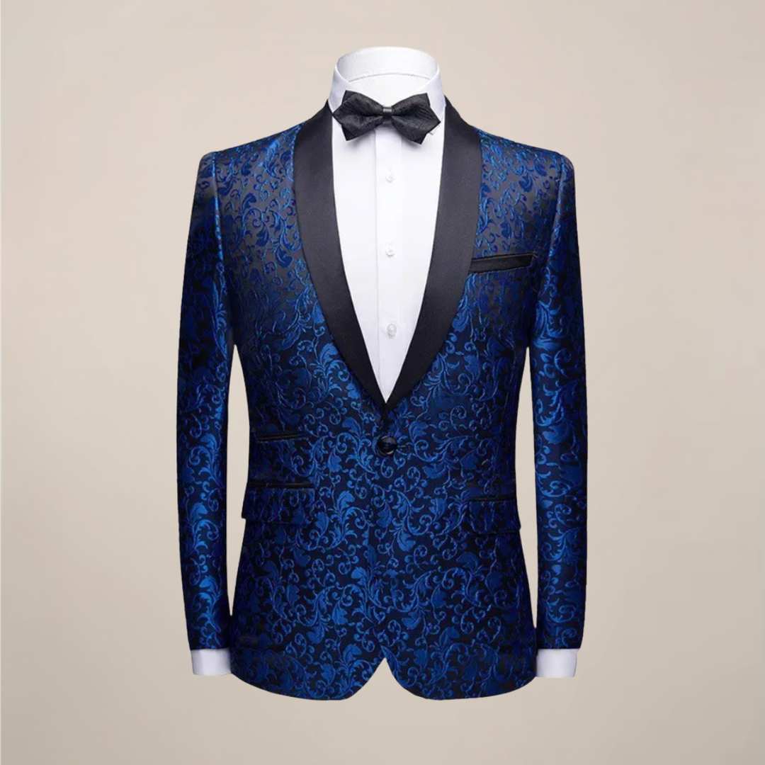Men's slim fit embroidered tuxedo blazer. Perfect for formal events, weddings & evening attire.