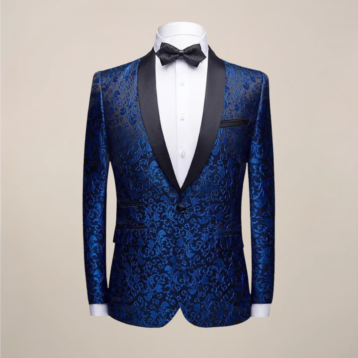 Men's slim fit embroidered tuxedo blazer. Perfect for formal events, weddings & evening attire.