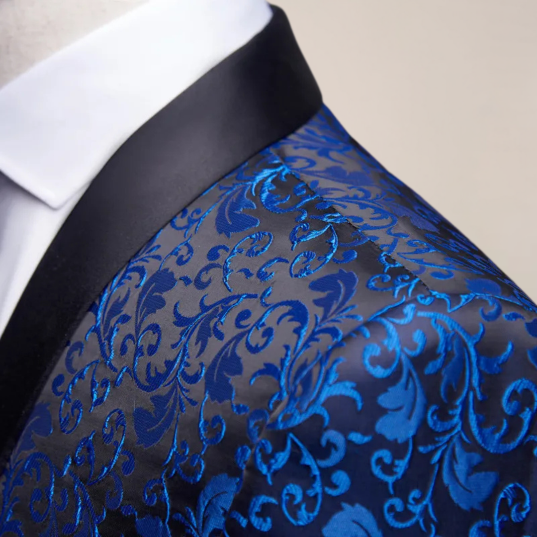 Statement men's slim fit embroidered tuxedo blazer. A sophisticated choice for formal evening wear.