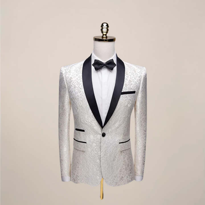 Stylish men's slim fit tuxedo blazer with intricate embroidery. Perfect for weddings & formal events.