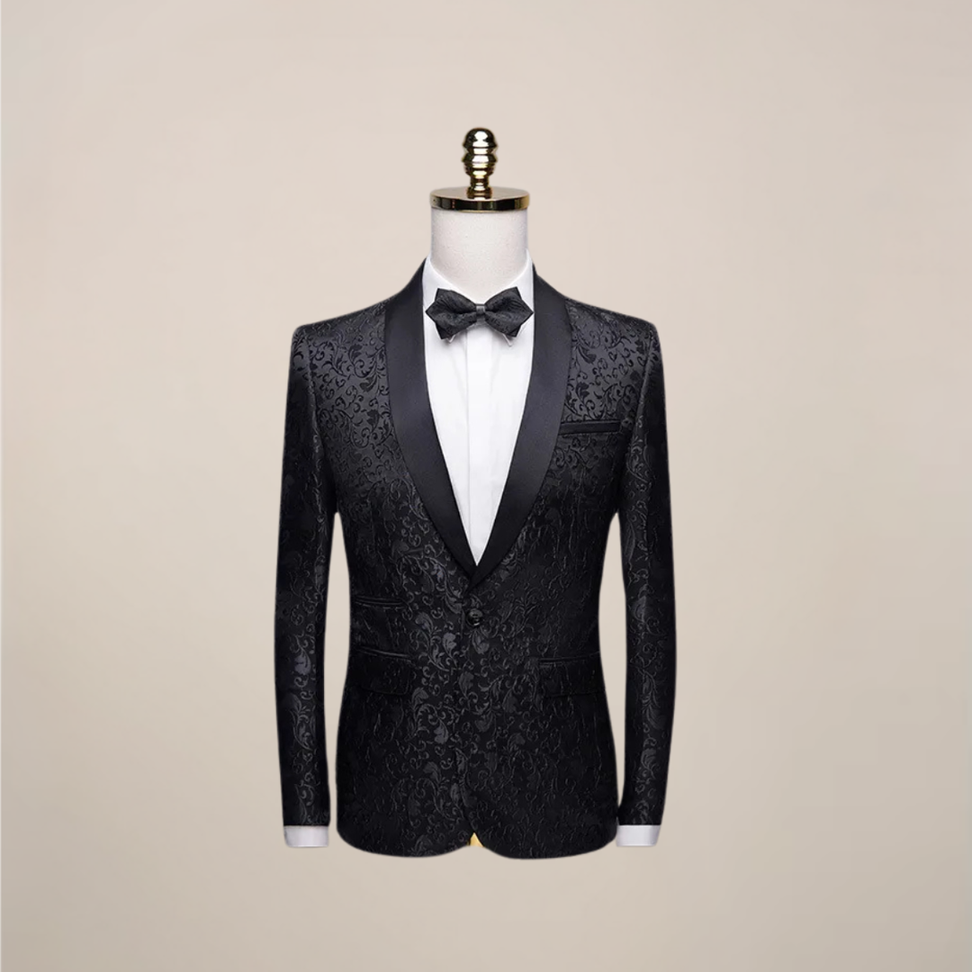 Luxurious slim fit men's tuxedo blazer featuring elegant embroidery. Essential formal evening wear.