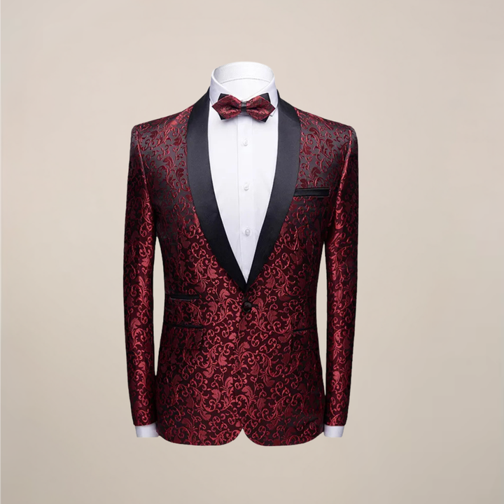 Modern men's slim fit embroidered party blazer. A sleek tuxedo jacket for contemporary formal fashion.