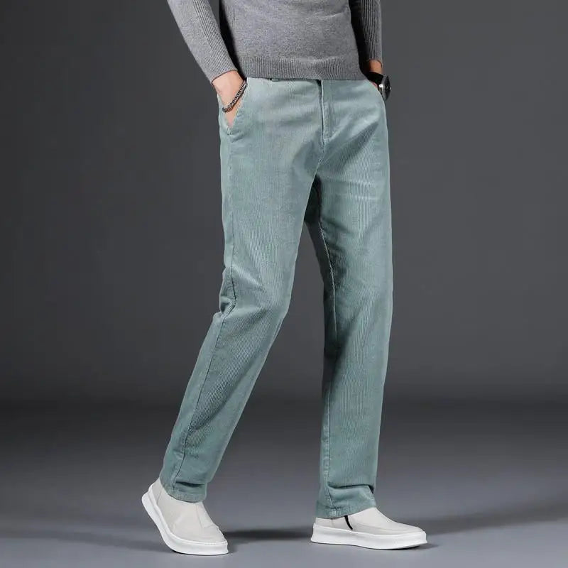 Close-up of men's versatile slim fit comfort pants fabric, suitable for everyday wear & smart casual apparel.