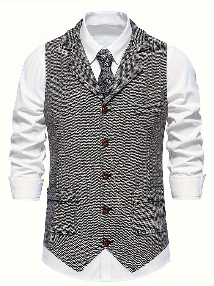 Men's slim-fit herringbone waistcoat, ideal for formal occasions, business, or wedding attire.