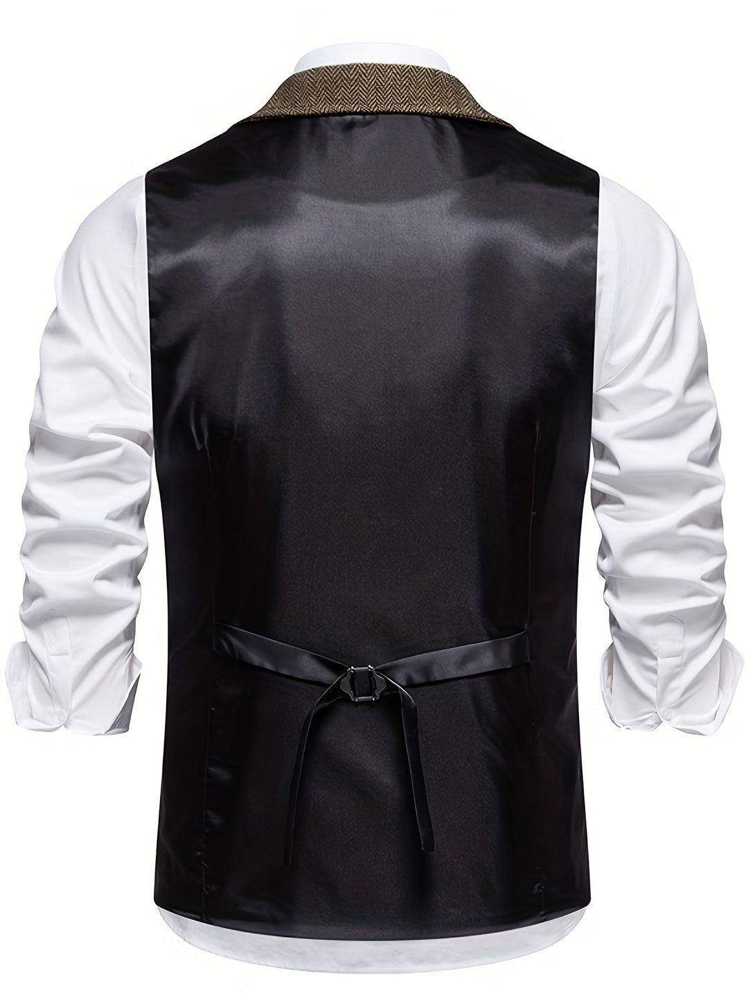 Tailored men's herringbone vest in classic style for elegant formal wear and layering.