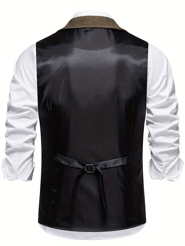 Tailored men's herringbone vest in classic style for elegant formal wear and layering.