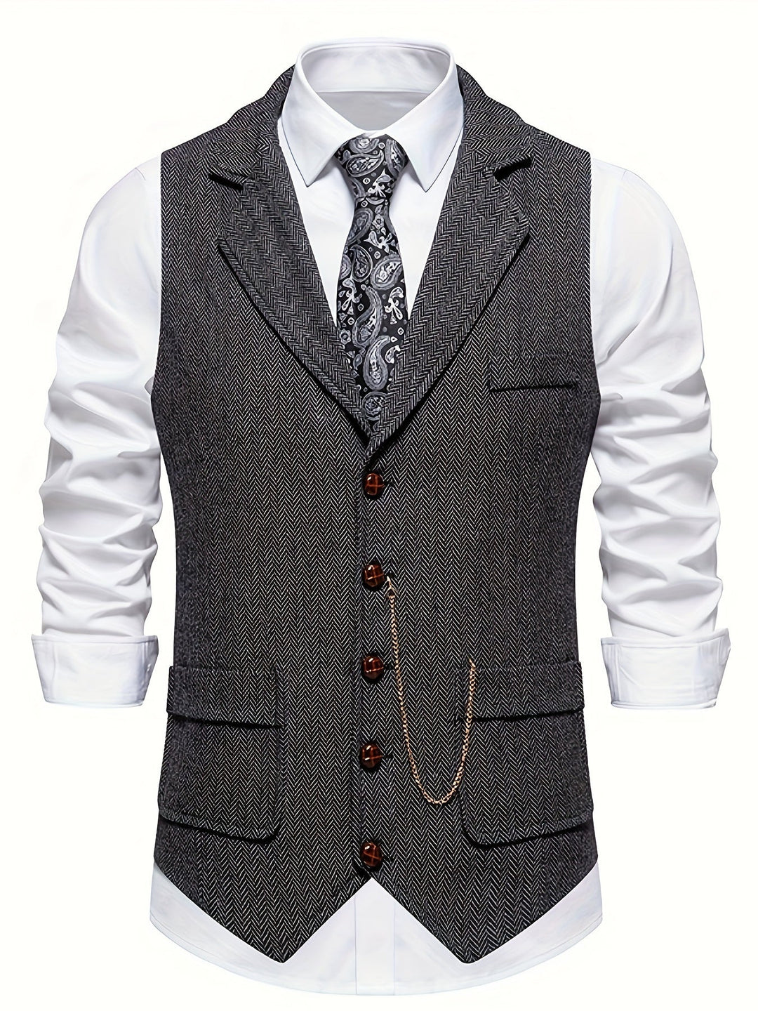 Elegant men's slim-fit waistcoat for weddings, business attire, or formal events. Classic herringbone.