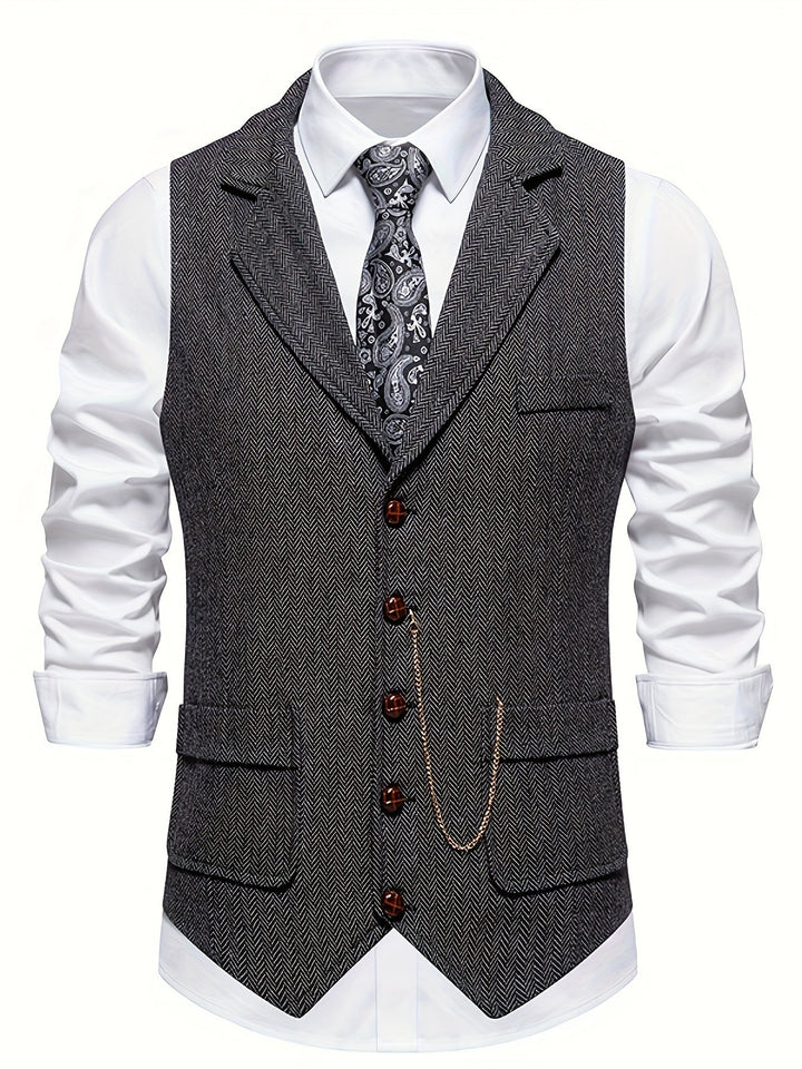 Elegant men's slim-fit waistcoat for weddings, business attire, or formal events. Classic herringbone.