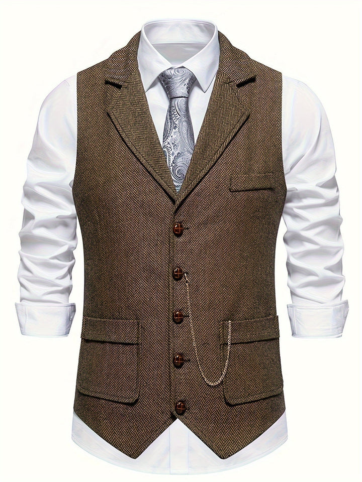 Sophisticated men's herringbone waistcoat, tailored for a slim fit, perfect for formal and wedding events.