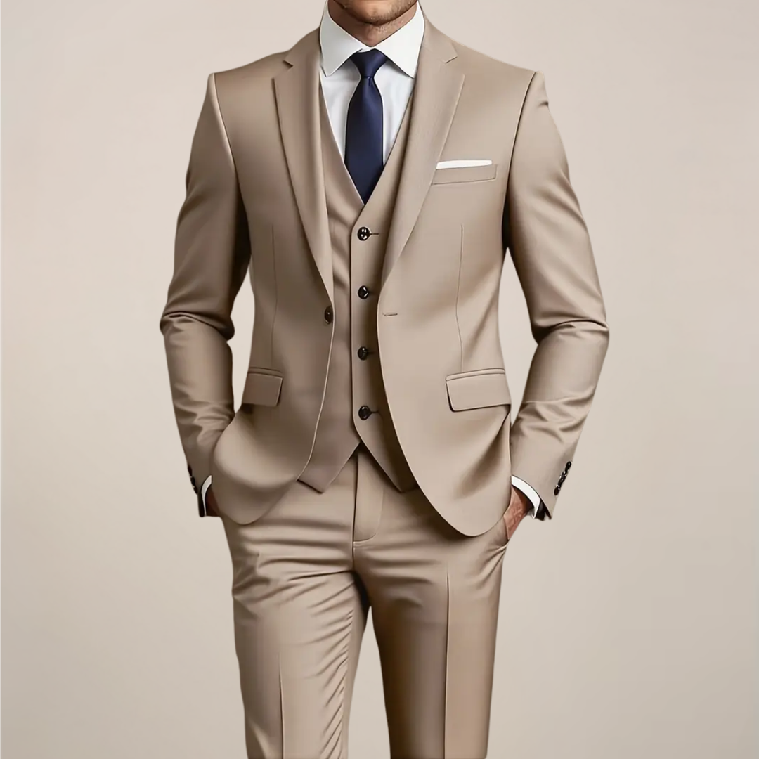 Men's slim fit khaki three-piece suit for weddings, proms & formal events. Includes jacket, vest & trousers.