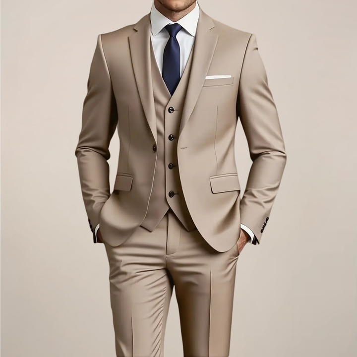 Men's slim fit khaki three-piece suit for weddings, proms & formal events. Includes jacket, vest & trousers.