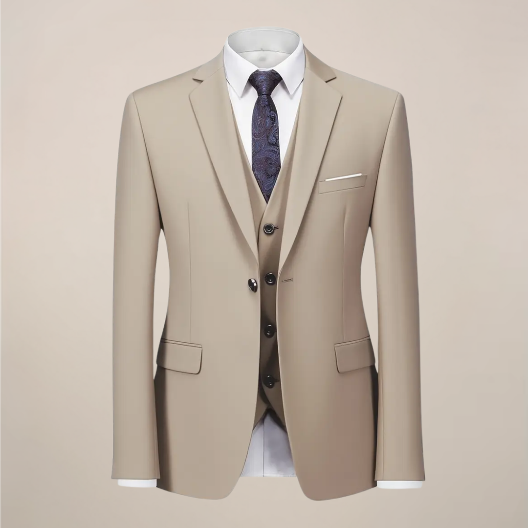 Elegant men's khaki slim fit wedding suit. Perfect for groomsmen, business, or any formal occasion.