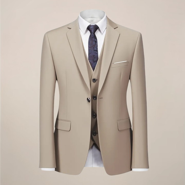 Elegant men's khaki slim fit wedding suit. Perfect for groomsmen, business, or any formal occasion.