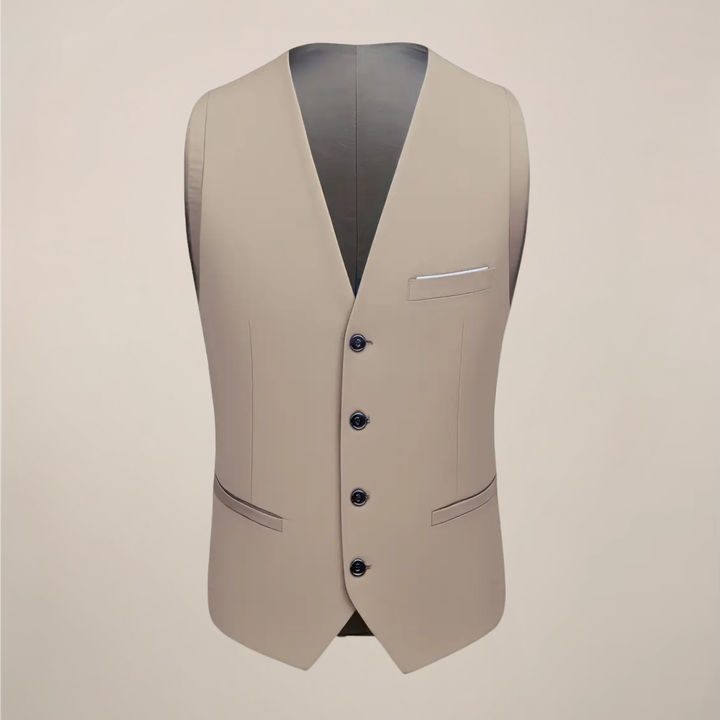 Stylish khaki men's three-piece suit. Slim fit design ideal for business attire, parties & special events.