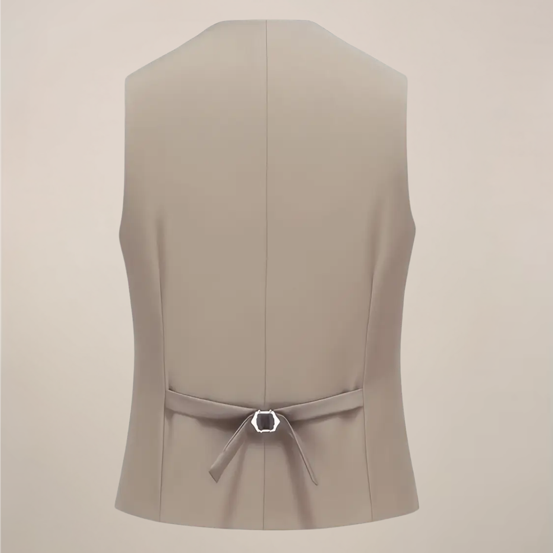 Modern men's khaki three-piece suit with slim fit jacket, vest & pants. Perfect formal or business wear.