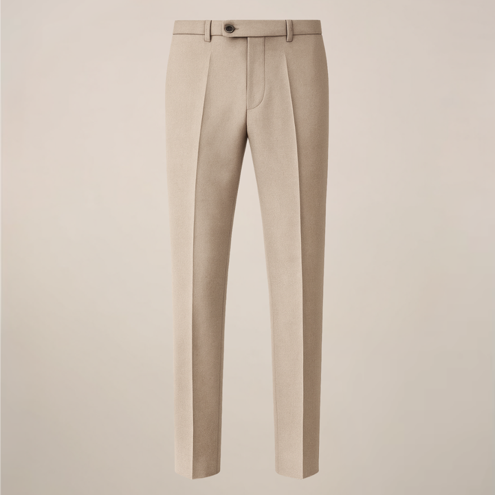 High-quality khaki men's slim fit three-piece suit, showcasing fabric texture, perfect for formal events.