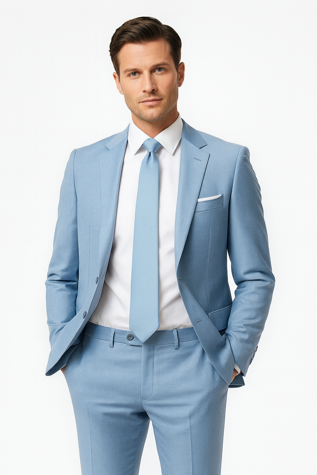 Men's slim fit light blue two-piece summer suit. Lightweight and modern for formal wear or weddings.