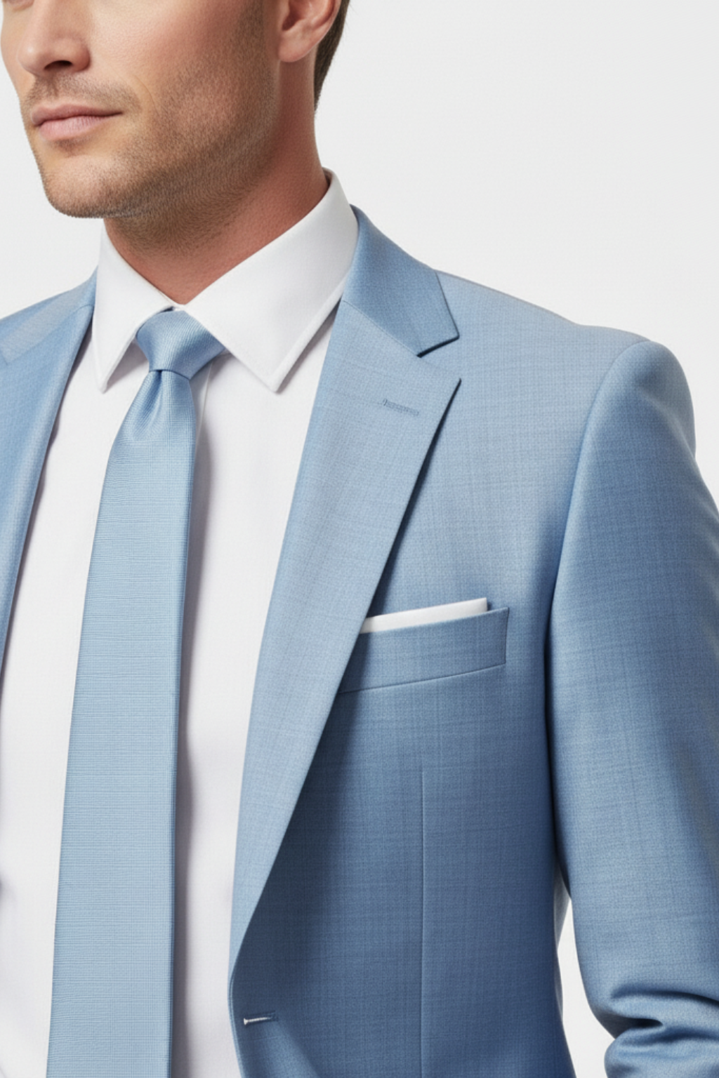 Tailored men's light blue slim fit suit, perfect for summer business events or a stylish wedding outfit.