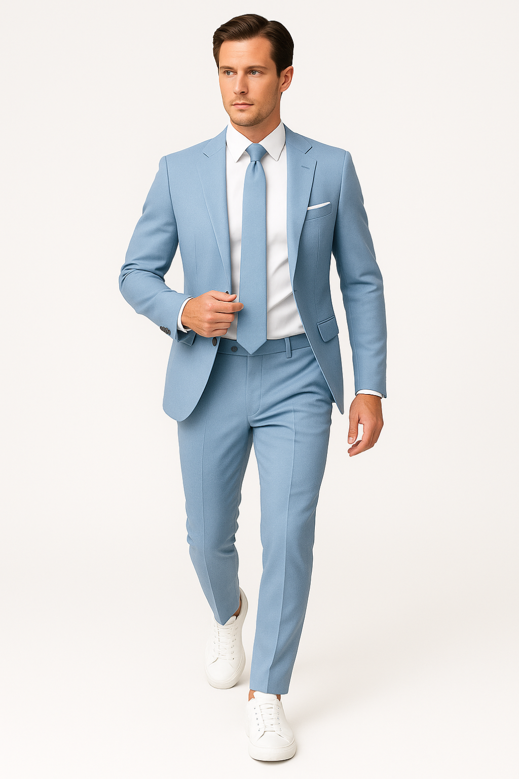Lightweight men's slim fit summer suit in light blue. Ideal for weddings, formal events, or smart business wear.
