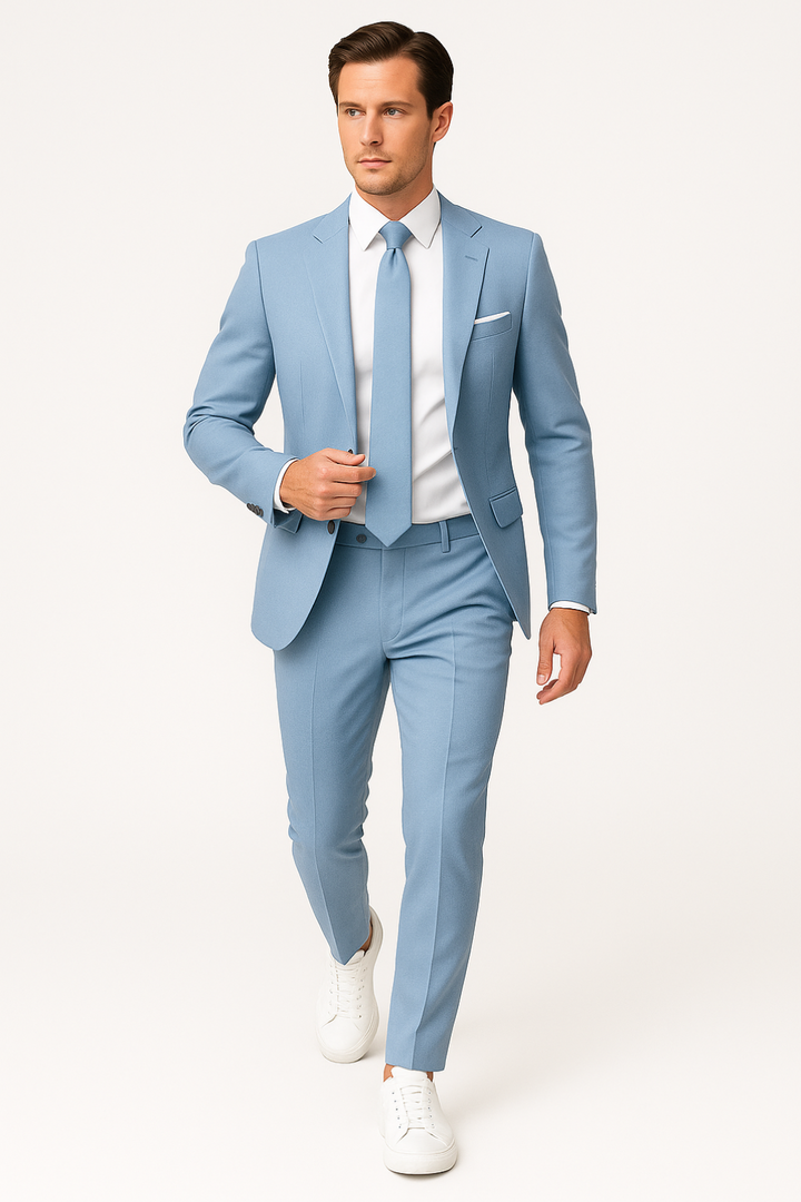 Lightweight men's slim fit summer suit in light blue. Ideal for weddings, formal events, or smart business wear.