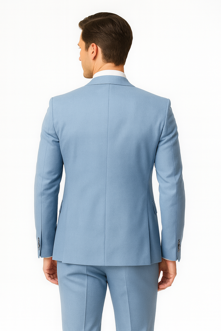 Modern men's light blue slim fit summer suit. A versatile two-piece set for fashion-forward formal and business looks.
